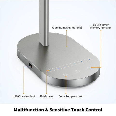 Modern Desk Lamp Metal Aluminum Alloy Dimmable LED Desk Light With USB Charging Port base with touch control panel