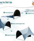 Instructions for setting up All Weather Camping Canopy Tarp With Poles And Sun Shade Shelter For Outdoor Camping Backyard Or Picnic Includes Guy Lines And Luminous Tent Stakes Grab And Go Setup Spacious Shade Gray.