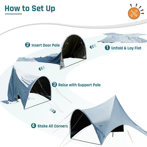 Instructions for setting up All Weather Camping Canopy Tarp With Poles And Sun Shade Shelter For Outdoor Camping Backyard Or Picnic Includes Guy Lines And Luminous Tent Stakes Grab And Go Setup Spacious Shade Gray.