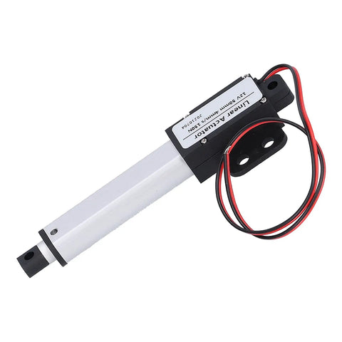 Mini Aluminum Linear Actuator, 50mm Stroke, 150N Push Force, 12V DC, Low Noise Motor, product image with wires and label