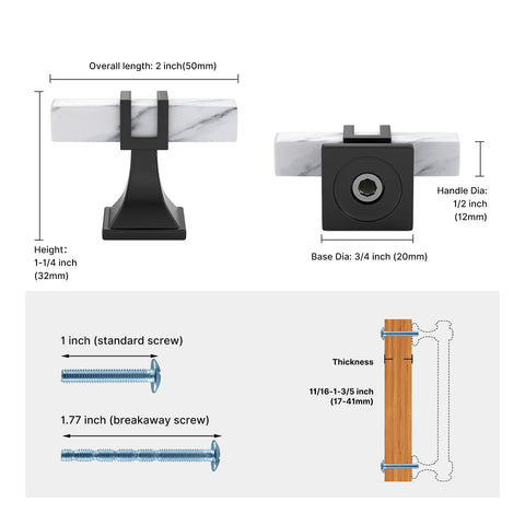 Diagram of ten pack white marble grain kitchen cabinet knobs with black T bar hardware, two tone design, and included screws