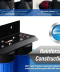Close-up of Two Stage Whole House Water Filtration System With 10 Inch Sediment Filter And CTO Carbon Filter No Fuss 1 Inch Inlet And Outlet featuring reinforced construction, pressure release and branded certification.