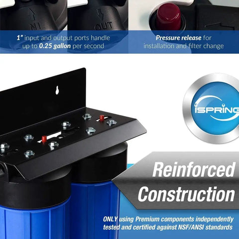 Close-up of Two Stage Whole House Water Filtration System With 10 Inch Sediment Filter And CTO Carbon Filter No Fuss 1 Inch Inlet And Outlet featuring reinforced construction, pressure release and branded certification.
