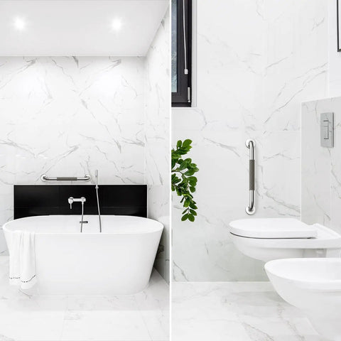 12 Inch Shower Grab Bars For Bathroom Safety, Anti Slip Stainless Steel Rails For Elderly Seniors Handicap And Pregnant Women, Rust Proof For 10 Years, Gray Finish, 1 Pack, installed next to bathtub and toilet on marble wall.