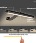 Rechargeable Picture Lights For Wall Art Set Of 2 with 5000mAh Battery showing 32 LEDs, metal body, magnetic attachment, dimming feature.