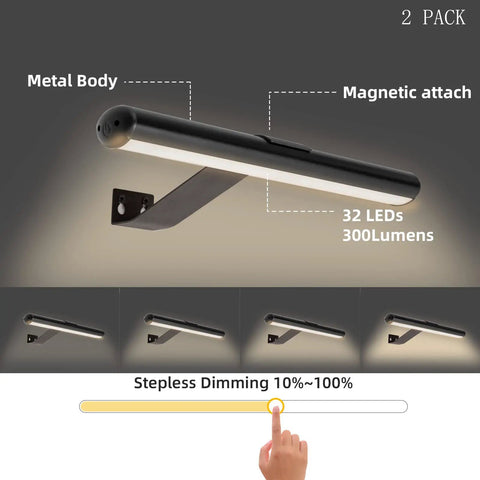 Rechargeable Picture Lights For Wall Art Set Of 2 with 5000mAh Battery showing 32 LEDs, metal body, magnetic attachment, dimming feature.