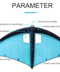 Ride-Ready Inflatable Wing Foil For Wind Wing Foiling And Kitesurfing, blue kite design showing handle and air bag details.
