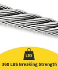 Close-up of One Sixteenth Inch Stainless Steel Wire Rope Heavy Duty DIY Ready 100 Feet 304 Aircraft Grade Cable with breaking strength.