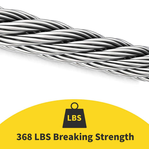 Close-up of One Sixteenth Inch Stainless Steel Wire Rope Heavy Duty DIY Ready 100 Feet 304 Aircraft Grade Cable with breaking strength.