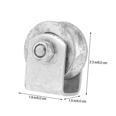Front view of heavy-duty cast iron V-groove wheel with mounting bracket for garage door or gate, 2.3 in tall.
