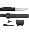 Go To Survival Fixed Blade Knife with full tang, sheath, and fire starter kit. Swedish stainless steel 0.13 inch thick blade, Scandi grind.