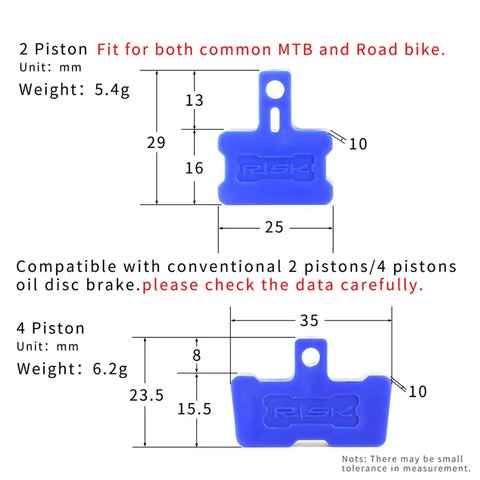8 Piece Bike Hydraulic Disc Brake Bleed Blocks And Spacers Kit with dimensions for 2 and 4 piston calipers, blue color.