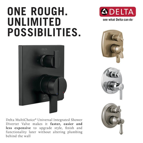 Universal Shower Diverter Rough-In Valve with MultiChoice inlets and outlets shown in different finish styles.