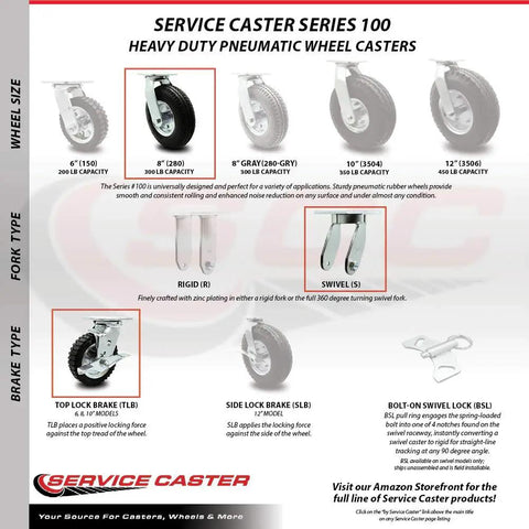 Heavy Duty Replacement Caster For Uline H-3328BL-SWB 8 Inch Pneumatic Wheel Swivel Top Plate overview and specifications.
