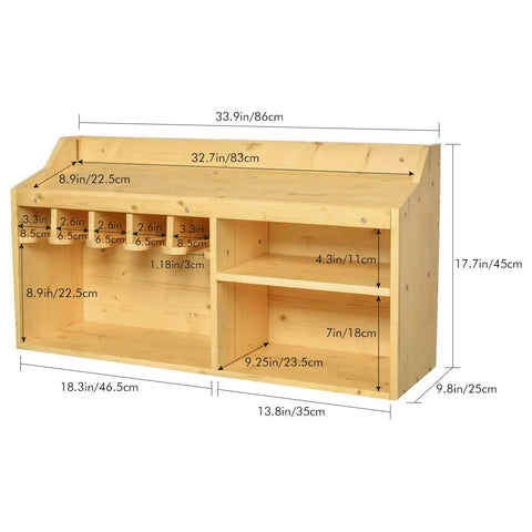 Wooden Power Tool Organizer And Storage Cabinet with Drill Charging Station, Wall Mount Rack and 3 Shelves, dimensions labeled
