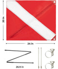 Dive Flag For Boat With Removable Stiffening Pole 20x24 Diver Down Flag With Double Stitching High Visibility Red And White, components shown