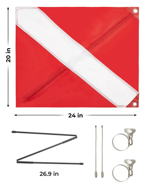 Dive Flag For Boat With Removable Stiffening Pole 20x24 Diver Down Flag With Double Stitching High Visibility Red And White, components shown