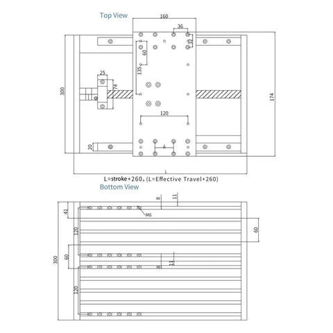 Technical drawing of Heavy Duty Ball Screw Slide Module With Slick Linear Rail And Rock Solid Stepper Motor dimensions and measurements.
