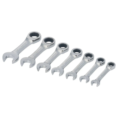 7 Piece SAE Ratcheting Wrench Set With 72 Tooth Box End 15 Degree Offset Chrome Finish Quick Engagement Easy Fastener Grab