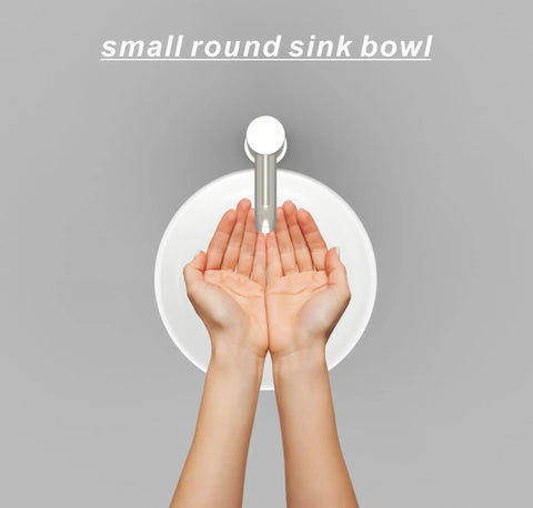 Top view of 11 Inch Vessel Sink Bowl For Small Bathrooms with hands under faucet, Above-Counter Round White Ceramic Lavatory Wash Basin