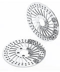Heavy Duty Front Brake Rotor Pair Two Piece Set For Left Driver And Right Passenger Side Replacement Stainless Steel Silver Finish view showing two rotors.