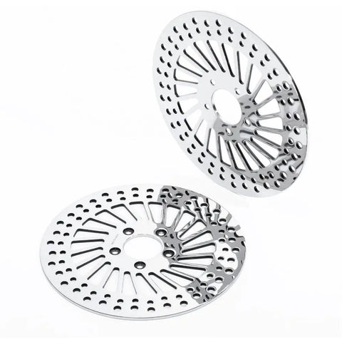 Heavy Duty Front Brake Rotor Pair Two Piece Set For Left Driver And Right Passenger Side Replacement Stainless Steel Silver Finish view showing two rotors.