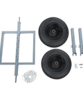 Components of Beefed Up Heavy Duty Log Dolly With Tow Chain, 16-inch rubber tires and powder-coated steel frame.