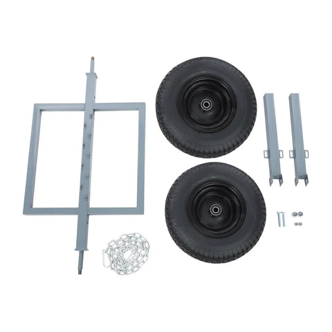 Components of Beefed Up Heavy Duty Log Dolly With Tow Chain, 16-inch rubber tires and powder-coated steel frame.