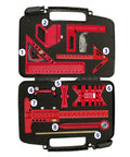 Woodworking Measuring And Scribing Tool Set 9 Piece Pro Grade Precision Kit for Carpentry and DIY in a red case with tools.