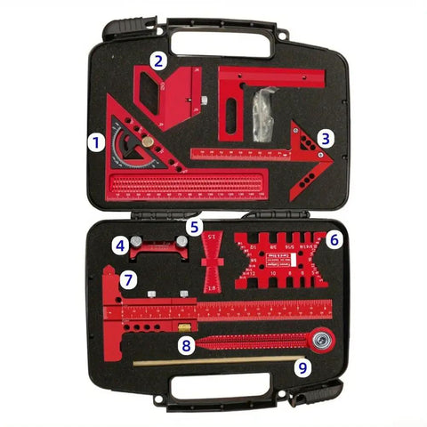 Woodworking Measuring And Scribing Tool Set 9 Piece Pro Grade Precision Kit for Carpentry and DIY in a red case with tools.