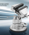 Rock Solid Universal Table Vise Clamp With Zero Wobble Rotating Base Heavy Duty Aluminum Alloy Bench Vice close-up showing rubber suction cup for stability.