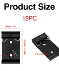 12 Pack Din Rail Mounting Clips One Point Oh Eight Inch Wide Snap In Universal Black Aluminum Alloy Relay Clips for 35mm Din Rail Switches and Injectors Durable Easy Install Great for Electrical Panels and Enclosures, two views with dimensions
