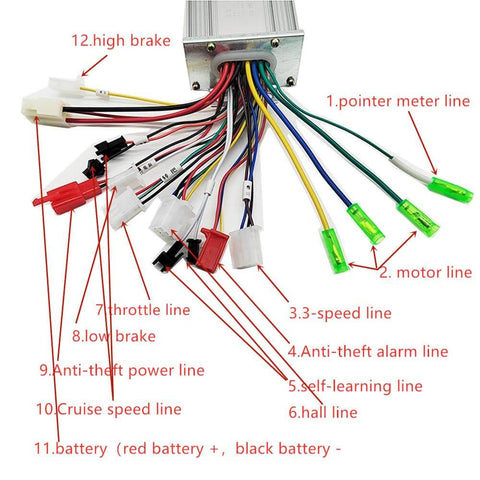 36V-48V 350W Brushless DC Motor Controller with labeled wires for electric bicycles and scooters showing various connections.