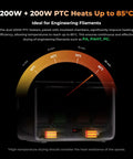 Digital display showing 200W + 200W PTC heating up to 85°C for Space Pi X4 Filament Dryer Box For 4 Spools With Dual PTC Heating And 360 Degree Hot Air Circulation Filament Dehydrator Storage For 1.75 Or 2.85mm PLA PETG ABS Nylon PA TPU A Game Changer For Multi Material Color 3D Printing.