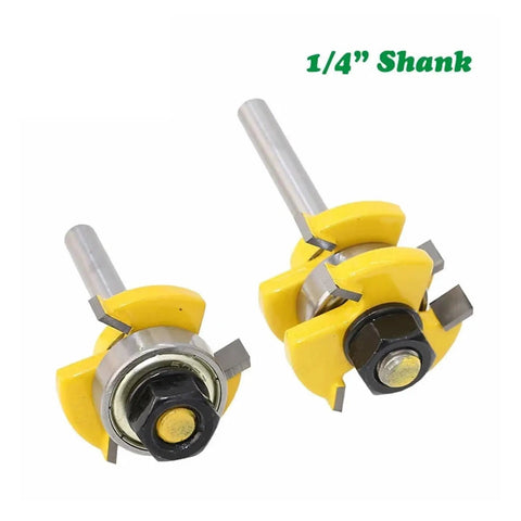 2 Piece Tongue And Groove Router Bit Set With 3/4 Inch Stock T Shape Design for precision wood floor joinery, showing 1/4 inch shank bits.