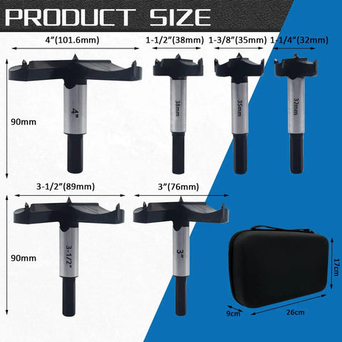 Top Shelf Badass Forstner Bit Set With Six Heavy Duty Carbide Tipped Hex Shank Wood Hole Saw Drill Bits showing product sizes 4 to 1.25 inches.