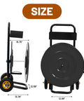 Heavy Duty Strapping Cart Dispenser With Wheels Portable Packaging Trolley Featuring Built In Tray For Poly Plastic And Steel Bands size dimensions shown from front and side angles.