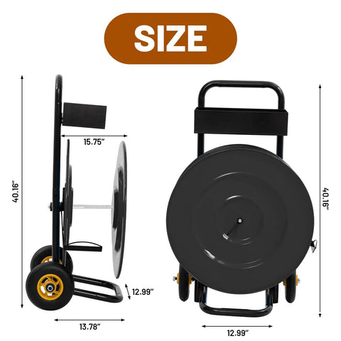 Heavy Duty Strapping Cart Dispenser With Wheels Portable Packaging Trolley Featuring Built In Tray For Poly Plastic And Steel Bands size dimensions shown from front and side angles.