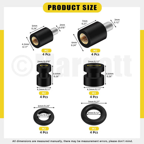 Diagram of 24Pcs Anti Vibration Standoffs Kit For Flight Controller With M2 And M3 Screws Rubber Dampers O Rings dimensions