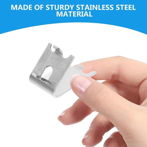 Hand holding a stainless steel clip from Stainless Steel Refrigerator Shelf Clips Set 8 Pieces Square Support Hooks Freezer Shelf Holders Braces