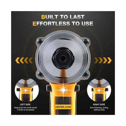 Close-up of the Cordless Brushless Rivet Gun Kit nosepiece with LED light, highlighting center lock features.