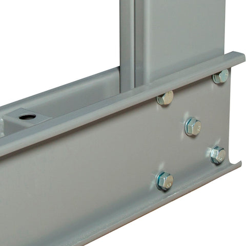 Built Tough As Nails Steel Cantilever Rack Single Sided Heavy Duty Shelving supports eight hundred lbs per arm, showing gray steel frame detail.