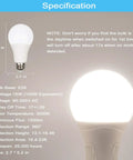 Motion Sensor Outdoor Light Bulbs 15W 100W Equivalent, 1500LM 3000K Warm White specification sheet with bulb illustration