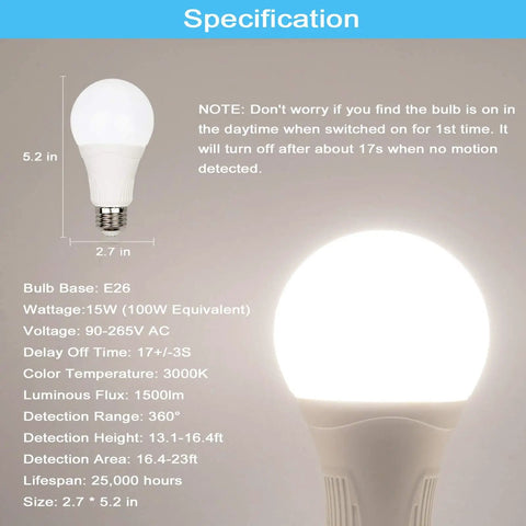 Motion Sensor Outdoor Light Bulbs 15W 100W Equivalent, 1500LM 3000K Warm White specification sheet with bulb illustration