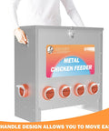 Kick The Chore Out Of Feeding With This Heavy Duty Automatic Chicken Feeder For Backyard Birds Featuring Eighty Five Pound Capacity And Ten Port Design To Block Waste And Keep Flocks Happy All Season Long - Metal feeder with handle for easy movement.