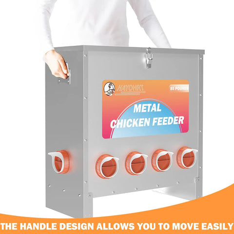 Kick The Chore Out Of Feeding With This Heavy Duty Automatic Chicken Feeder For Backyard Birds Featuring Eighty Five Pound Capacity And Ten Port Design To Block Waste And Keep Flocks Happy All Season Long - Metal feeder with handle for easy movement.