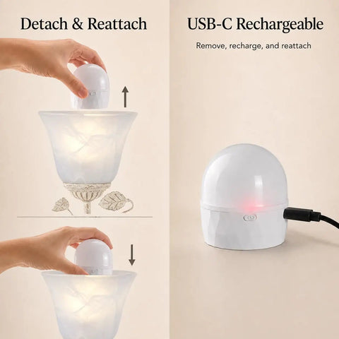 Folux Battery-Operated Vintage White Flower Wall Sconce Set of 2, showcasing the USB-C rechargeable bulb detaching and reattaching.
