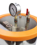 Front view of BACOENG 3-gallon stainless steel resin trap vacuum chamber with orange lid, gauge, and valve fittings.