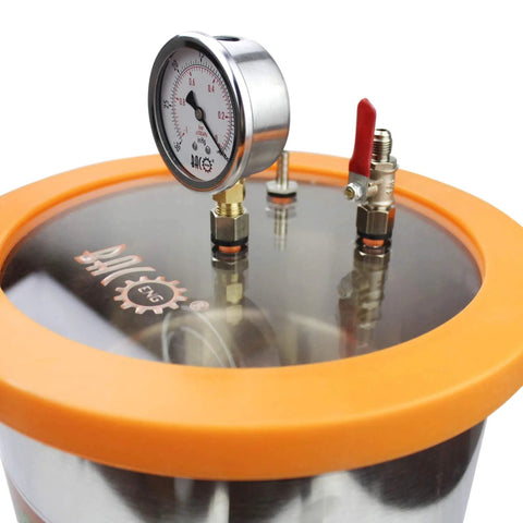 Front view of BACOENG 3-gallon stainless steel resin trap vacuum chamber with orange lid, gauge, and valve fittings.