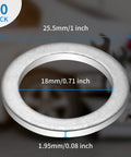 Close-up of aluminum Honda Transmission Fluid Drain Plug Crush Washer Replacement Gasket Pack Of 10 dimensions, 25.5mm OD, 18mm ID.